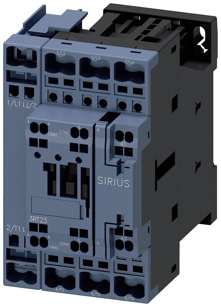 Obrázek modrého stykače SIRIUS s číslem modelu 3RT23. Zobrazuje připojovací místa a technické detaily zařízení.