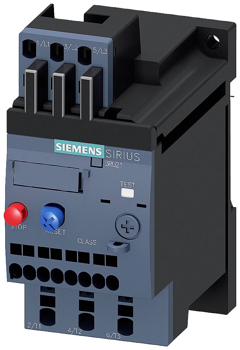 Siemensův stykač Sirius s horními a dolními svorkami, červenými a modrými tlačítky pro zastavení a reset a testovacím tlačítkem.