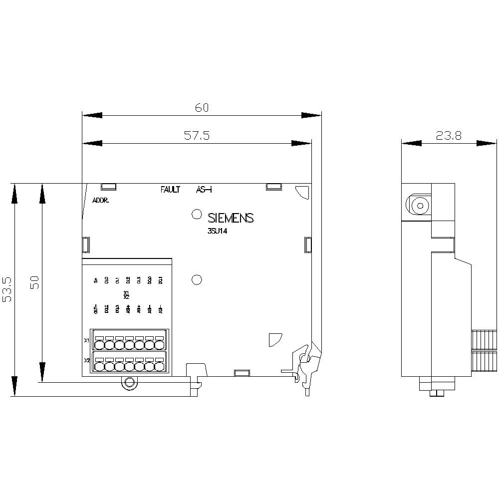 Diagram znázorňuje přední a boční pohled na modul Siemens AS-i včetně rozměrů a připojovacích svorek.