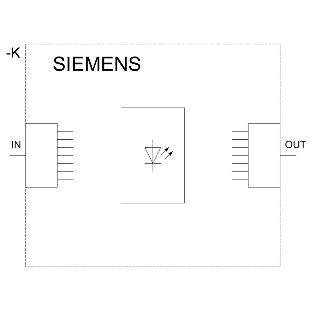 Elektronická součástka: Vlevo vstup (IN), uprostřed symbol LED diody, vpravo výstup (OUT), s nápisem SIEMENS nahoře.