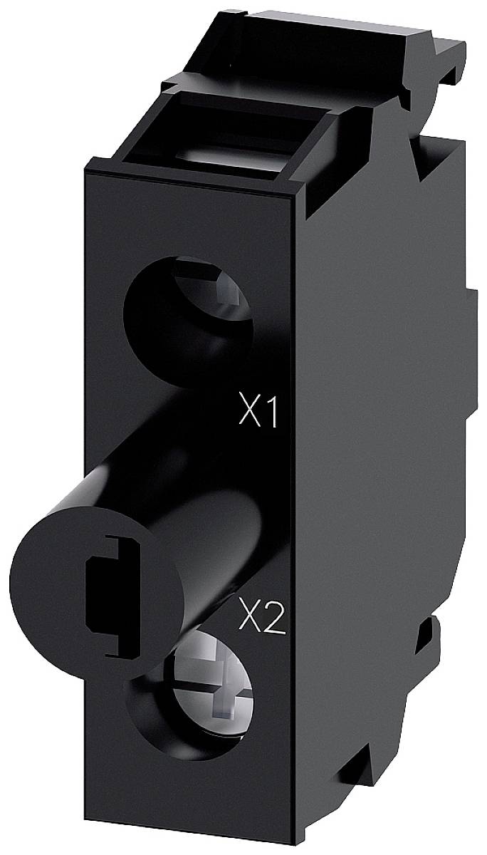 Černý elektrický spínací blok se dvěma označenými svorkami, 'X1' nahoře a 'X2' dole, na bílém pozadí.