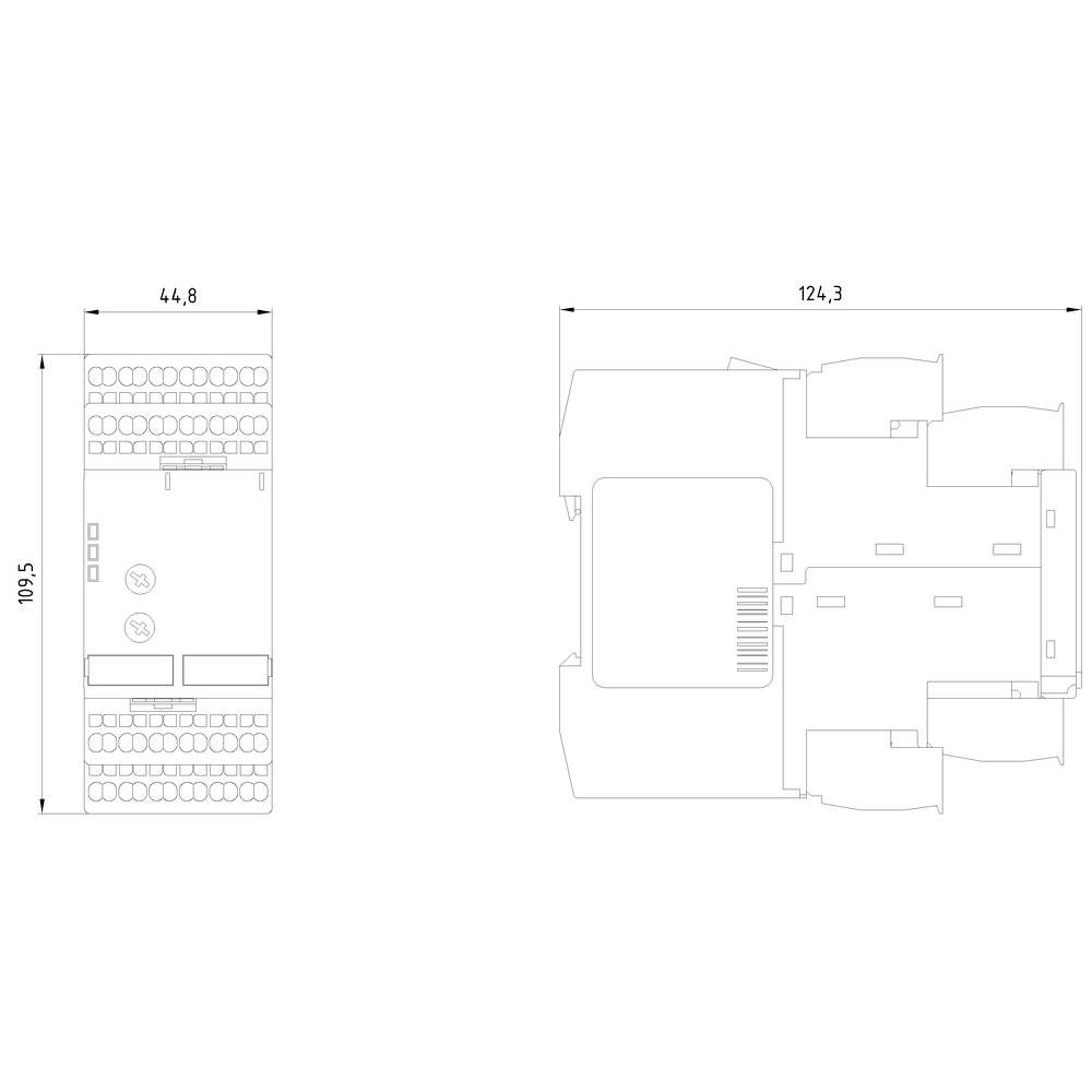 Technický výkres obdélníkového zařízení s rozměry 44,8 x 109,5 mm a šířkou 124,3 mm. Zobrazuje přední a boční pohled.