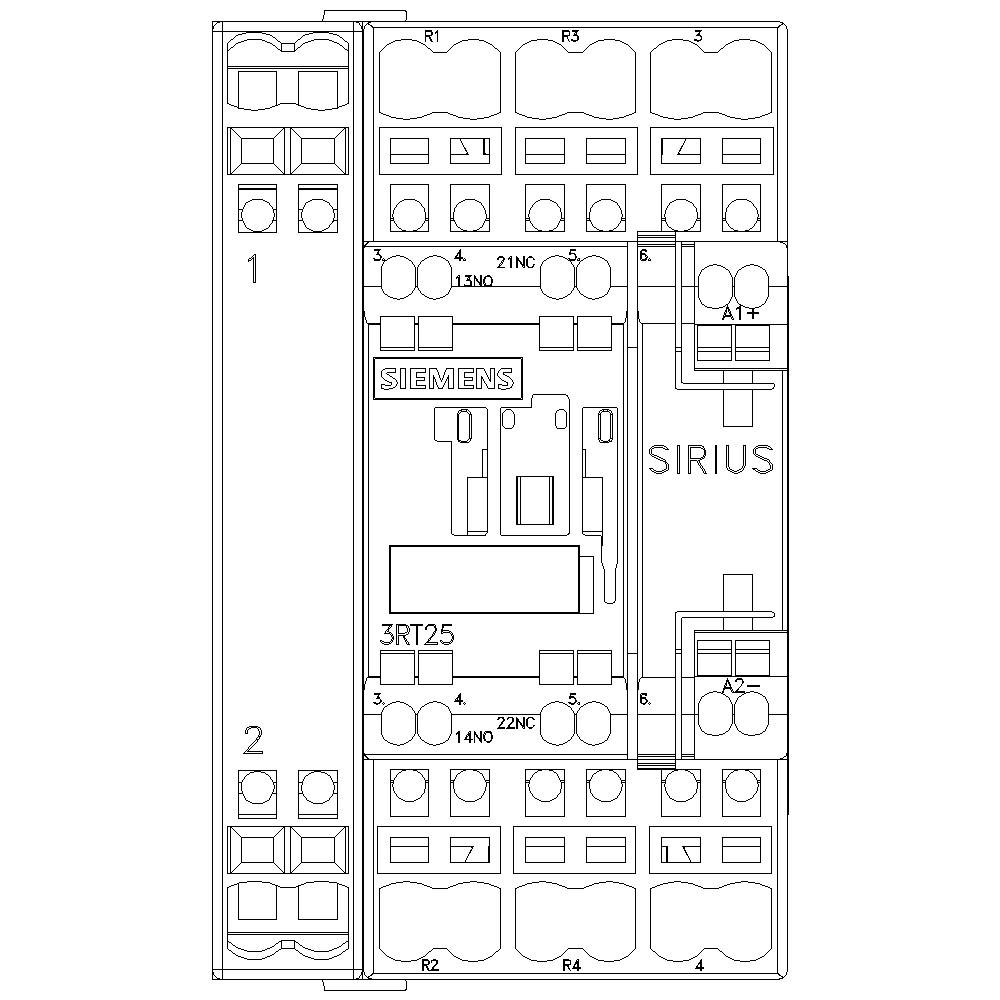 Schéma zapojení stykače Siemens Sirius 3RT25. Zobrazuje elektrické spoje a komponenty s očíslovanými svorkami.