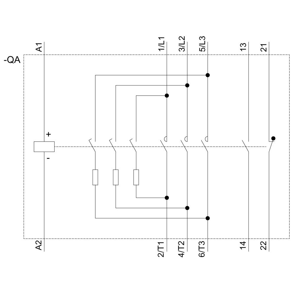 Schéma zapojení znázorňuje elektrické řízení se spínači a svorkami, včetně A1, A2, 1L1, 3L2, 5L3, 2/T1, 4/T2, 6/T3.