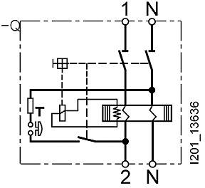 Schéma elektrického relé se dvěma přepínacími kontakty, odporem a cívkou, které řídí tok elektrického proudu mezi kontakty 1, 2 a N.