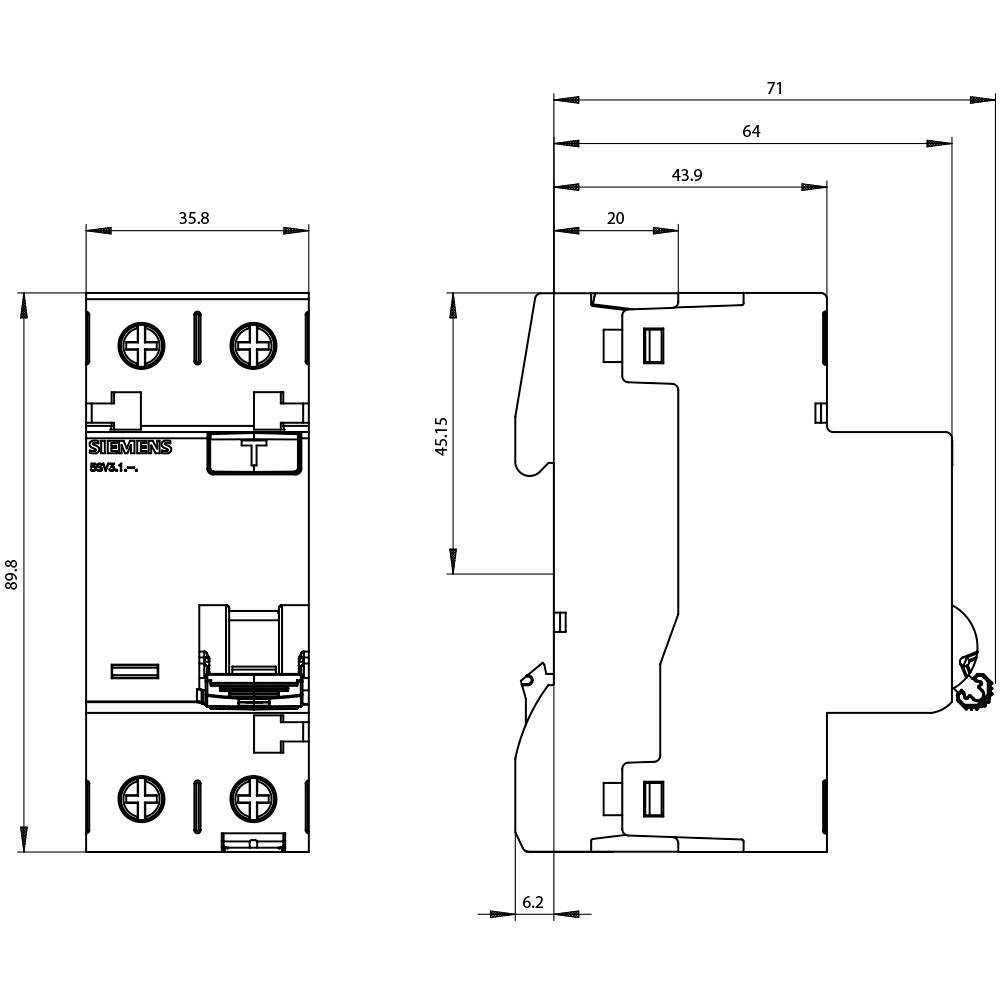 Diagram elektrické součástky s rozměry. Vlevo: Přední pohled s výškou 89,8 mm. Vpravo: Boční pohled s šířkou 71 mm.