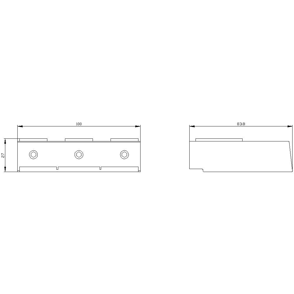 Výkres obdélníkového kovového dílu s vyznačenými rozměry: šířka 100 mm, výška 62 mm. Obsahuje tři rovnoměrně rozmístěné otvory.