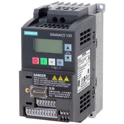 Černý frekvenční měnič Siemens SINAMICS V20 s LCD displejem, tlačítky a varováními týkajícími se elektrického napětí vpředu.