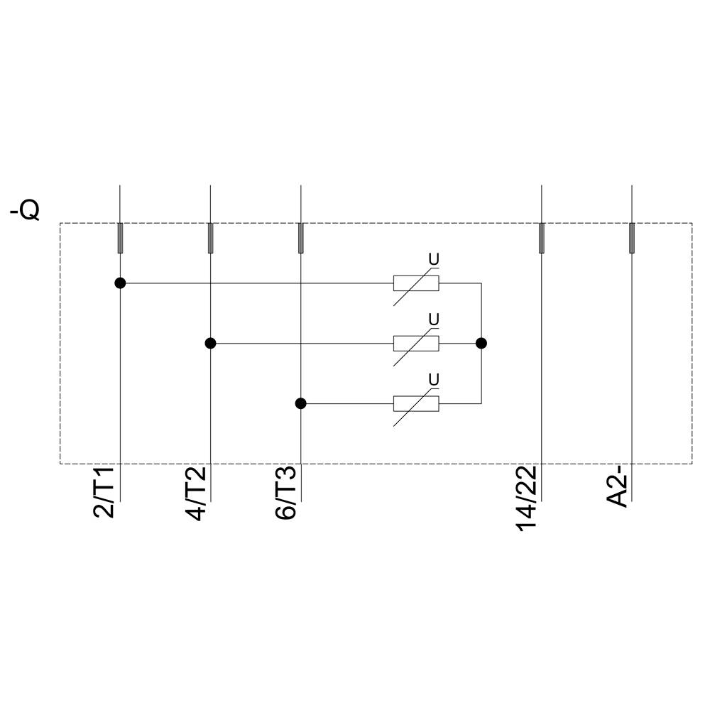 Diagram ukazuje zapojení relé: 2/T1, 4/T2, 6/T3, 14/22, A2. Kontakty a ochranné diody propojují cívku a elektrické obvody.