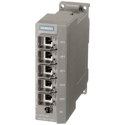 Síťový switch Siemens Scalance X005 s pěti ethernetovými porty, napájený 24V, vhodný pro průmyslové síťové aplikace.
