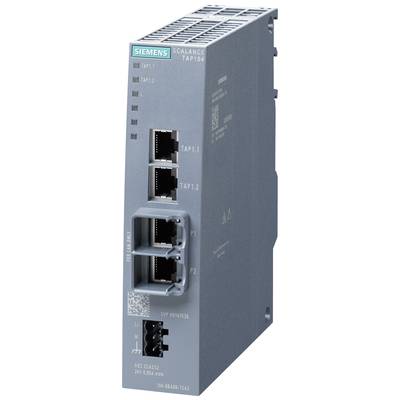 Šedé síťové zařízení Siemens Scalance TAP104 s několika ethernetovými porty. Slouží k monitorování a analýze sítě.