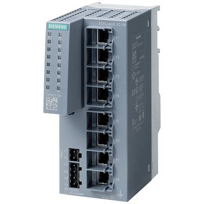 Šedý síťový switch Siemens s osmi ethernetovými porty, model 'SCALANCE XC108', signalizuje stav pomocí LED diod na přední straně.