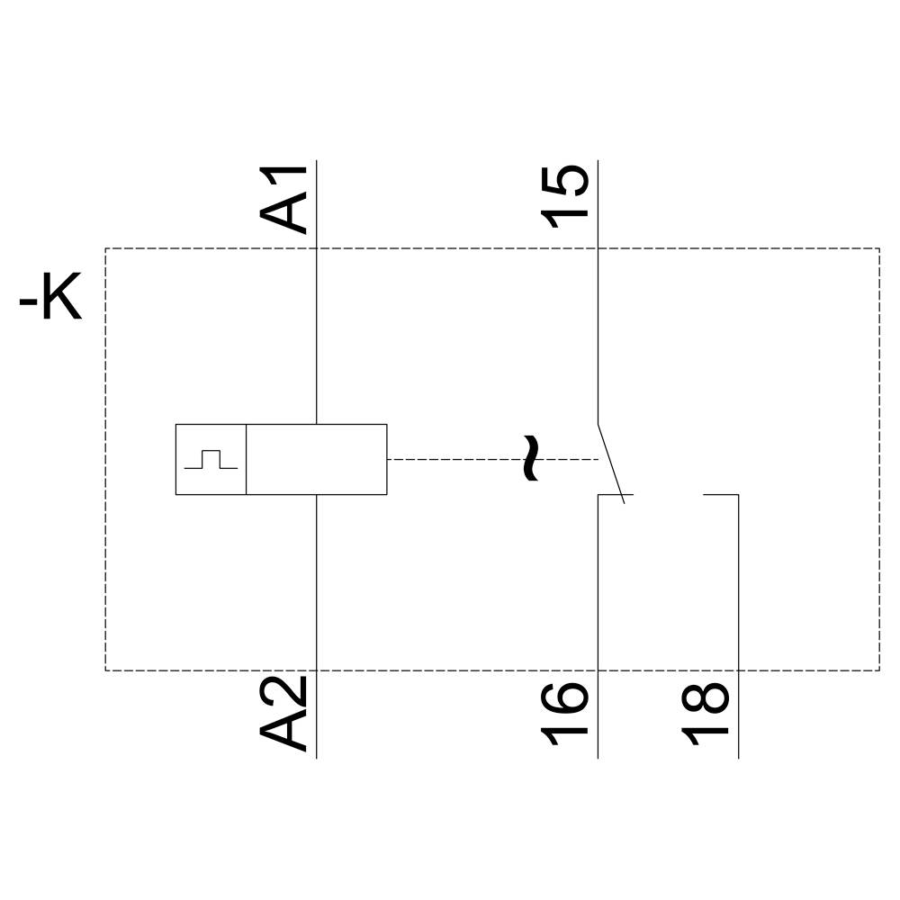 Schéma elektrického obvodu elektronické komponenty s připojovacími svorkami A1, A2, 15, 16, 18, -K. Zobrazuje propojení a dráhu signálu.