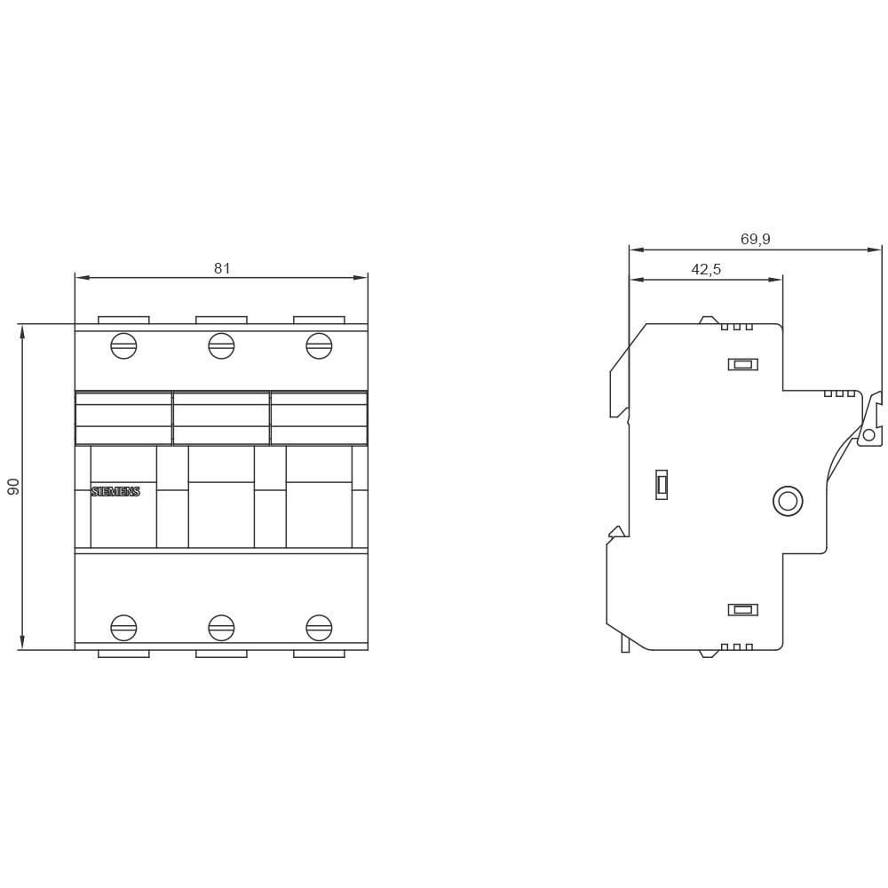 Technický výkres třífázového jističe s pohledem zepředu a z boku. Rozměry: šířka 81 mm, hloubka 69,9 mm, výška 90 mm.
