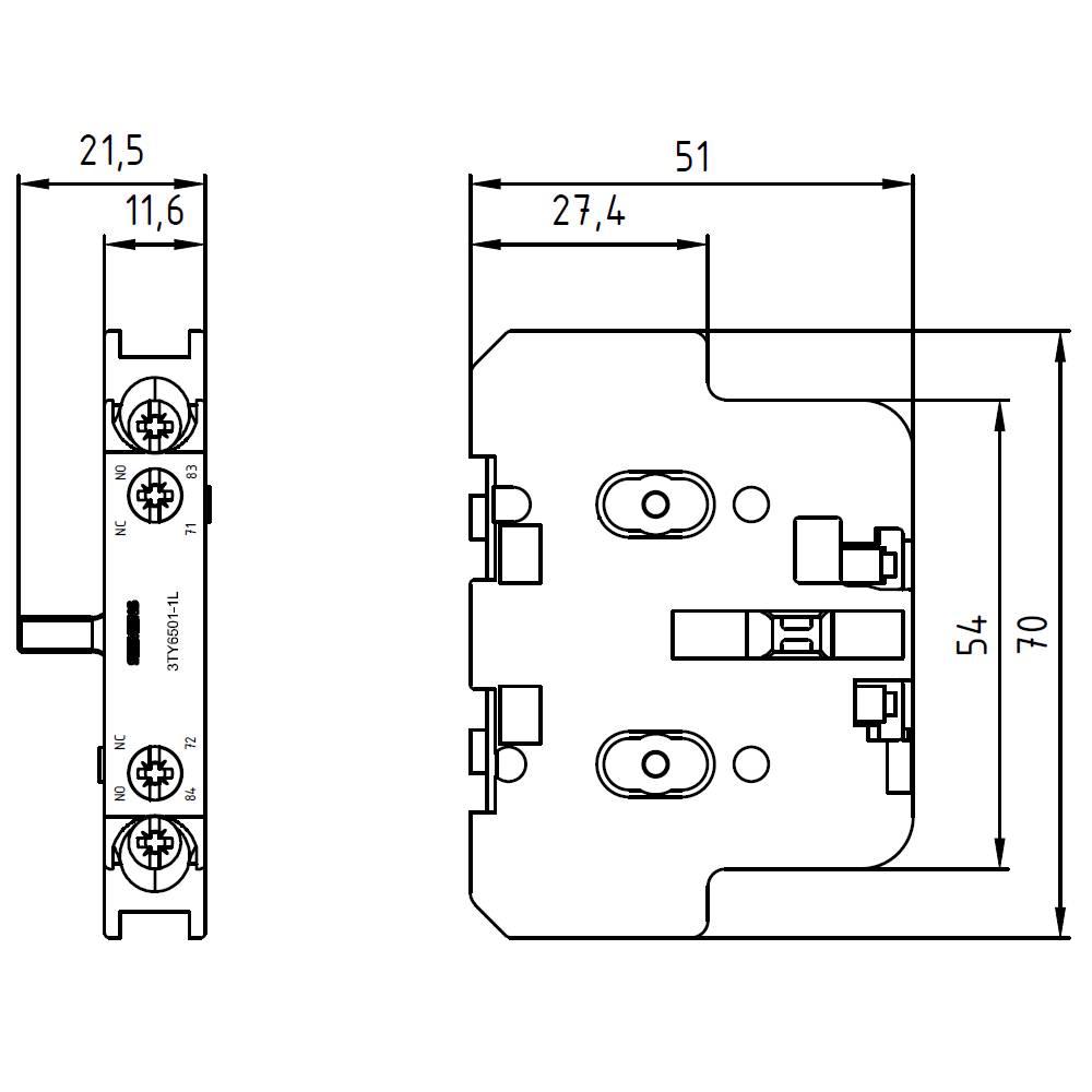 Technický výkres elektrické součástky s rozměry: šířka 21,6 mm, délka 70 mm, další detaily pro montáž a připojení.