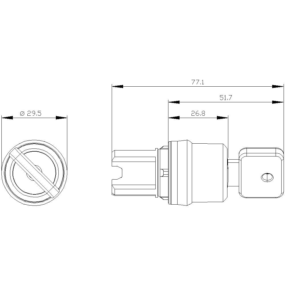 Technický výkres válcového zámku s kótami. Průměr: 29,5 mm; délka: 77,1 mm; délky hřídelů: 51,7 mm a 26,8 mm.