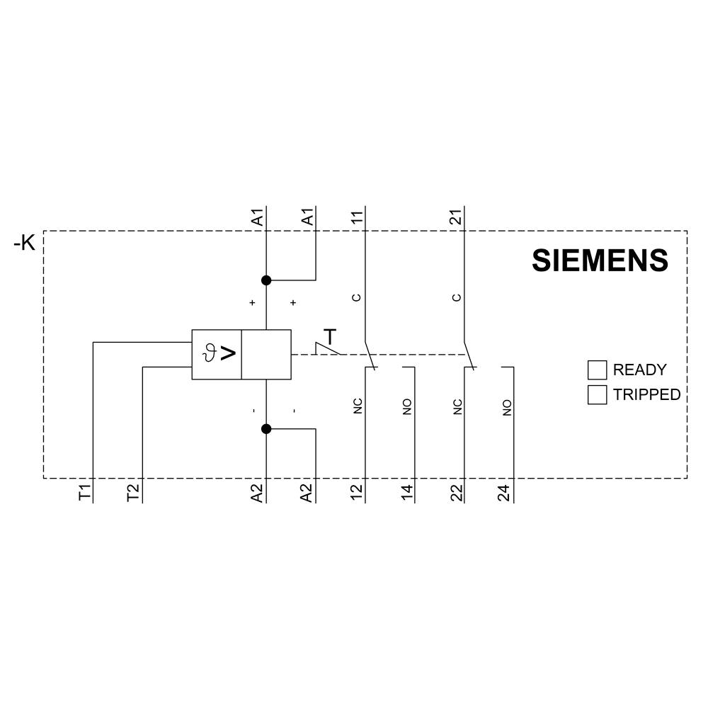 Schéma zapojení relé firmy Siemens s připojovacími body T1, T2, A1, A2 a kontakty 11, 12, 14, 21, 22, 24, indikace 'PŘIPRAVENO', 'SPUŠTĚNO'.