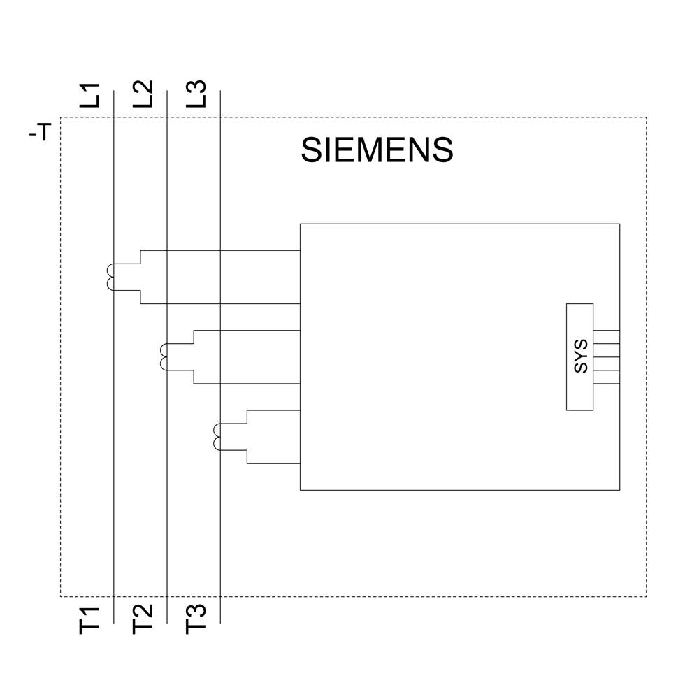 Schéma zapojení systému Siemens. Spoje označují L1, L2, L3, T1, T2, T3 se systémovou (SYS) komponentou. Komponenty jsou uspořádány lineárně.