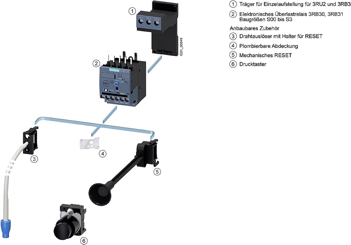 Diagram mechanického systému s elektrickými komponenty a přiřazovací seznam od 1 do 6, včetně nosné konstrukce, nadproudového spouštěče a resetovací funkce.