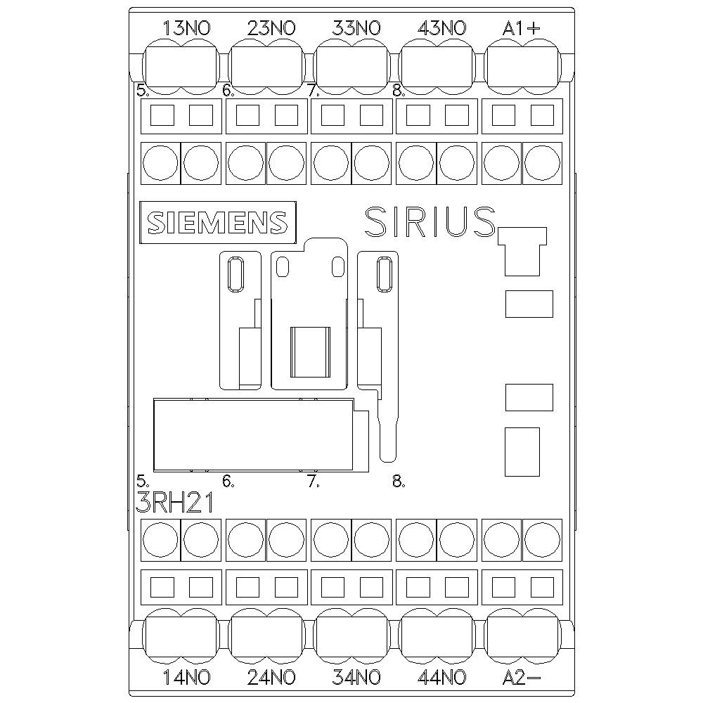 Technický výkres Siemens SIRIUS relé, model 3RH21, s očíslovanými připojovacími svorkami a označeními.