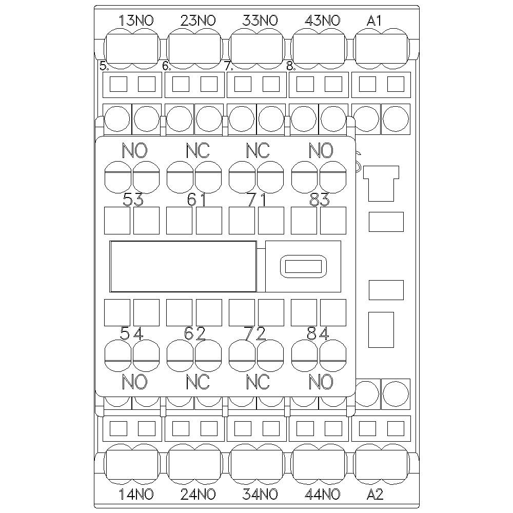Diagram elektrického schématu s očíslovanými svorkami: 13NO, 23NO, 33NO, 43NO, A1; dole 14NO, 24NO, 34NO, 44NO, A2.