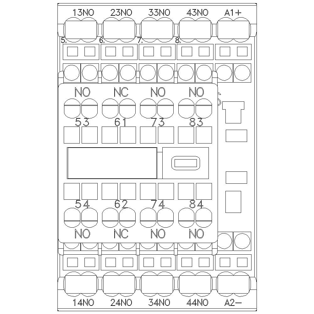 Technický výkres elektrického relé modulu s několika svorkami, označenými jako NO (normálně otevřené) a NC (normálně zavřené).