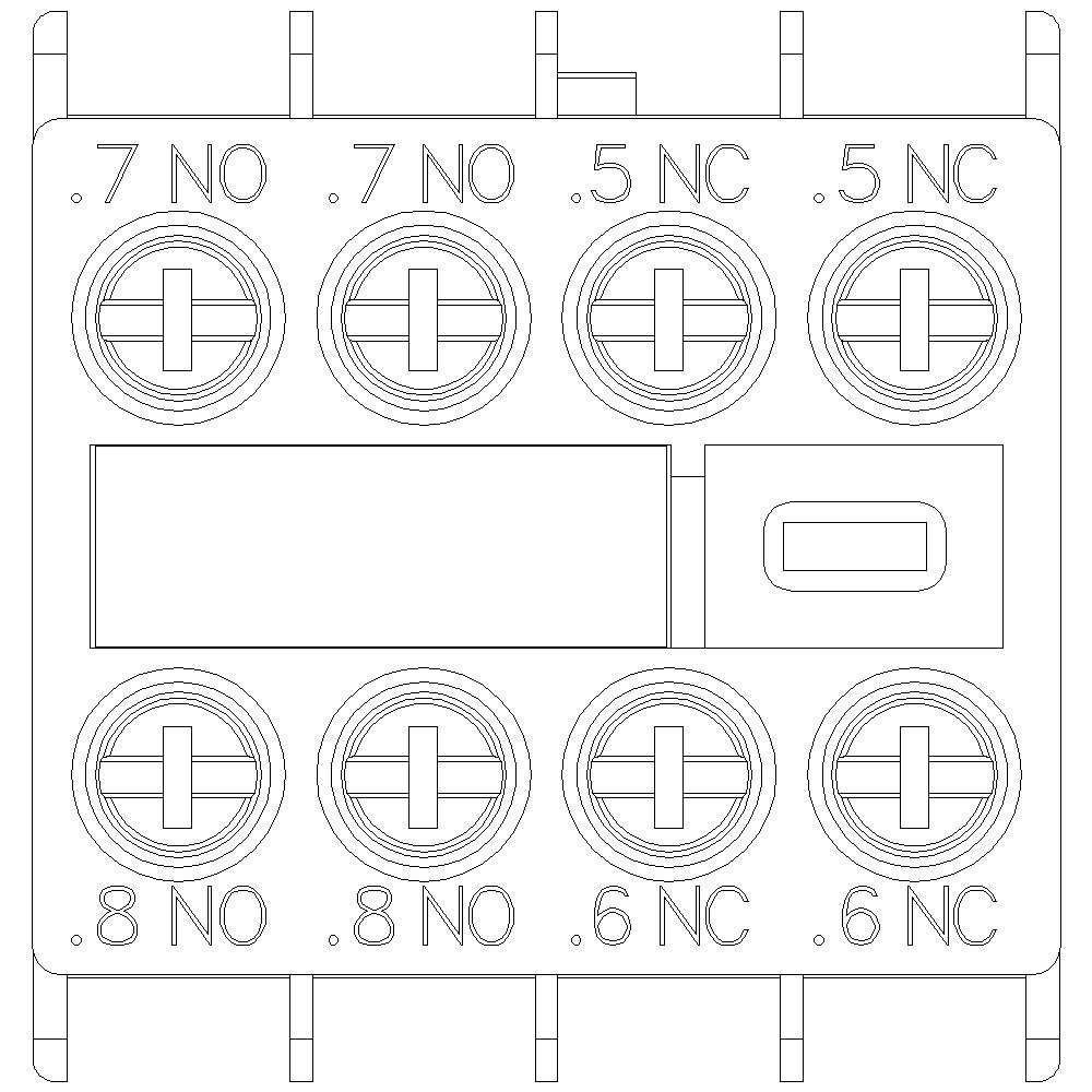 Technický výkres elektrického připojovacího bloku s popisy '.7 NO', '.5 NC', '.8 NO', '.6 NC'.
