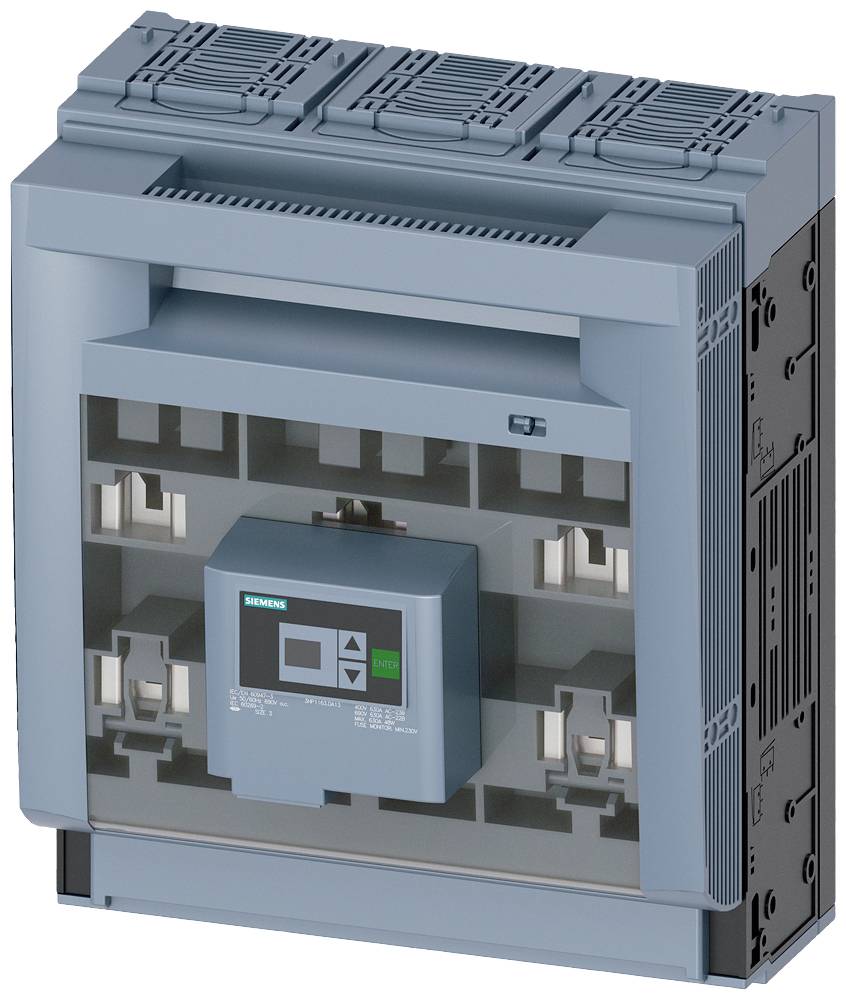 Modrý elektrický výkonový spínač obdélníkového tvaru s indikátorem a ovládacími prvky vpředu, obklopený větracími otvory.