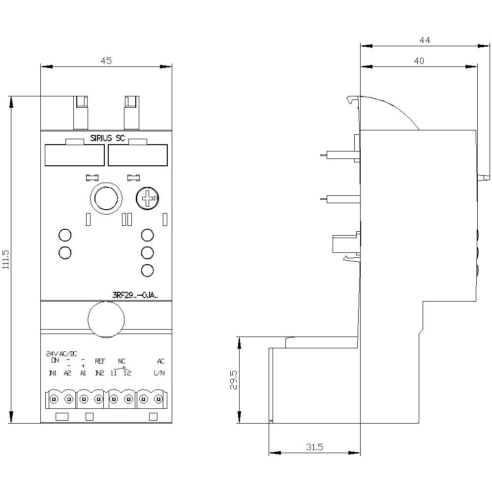 Technický výkres elektrického zařízení s bočním a čelním pohledem. Rozměry a přípojky jsou detailně vyznačeny.