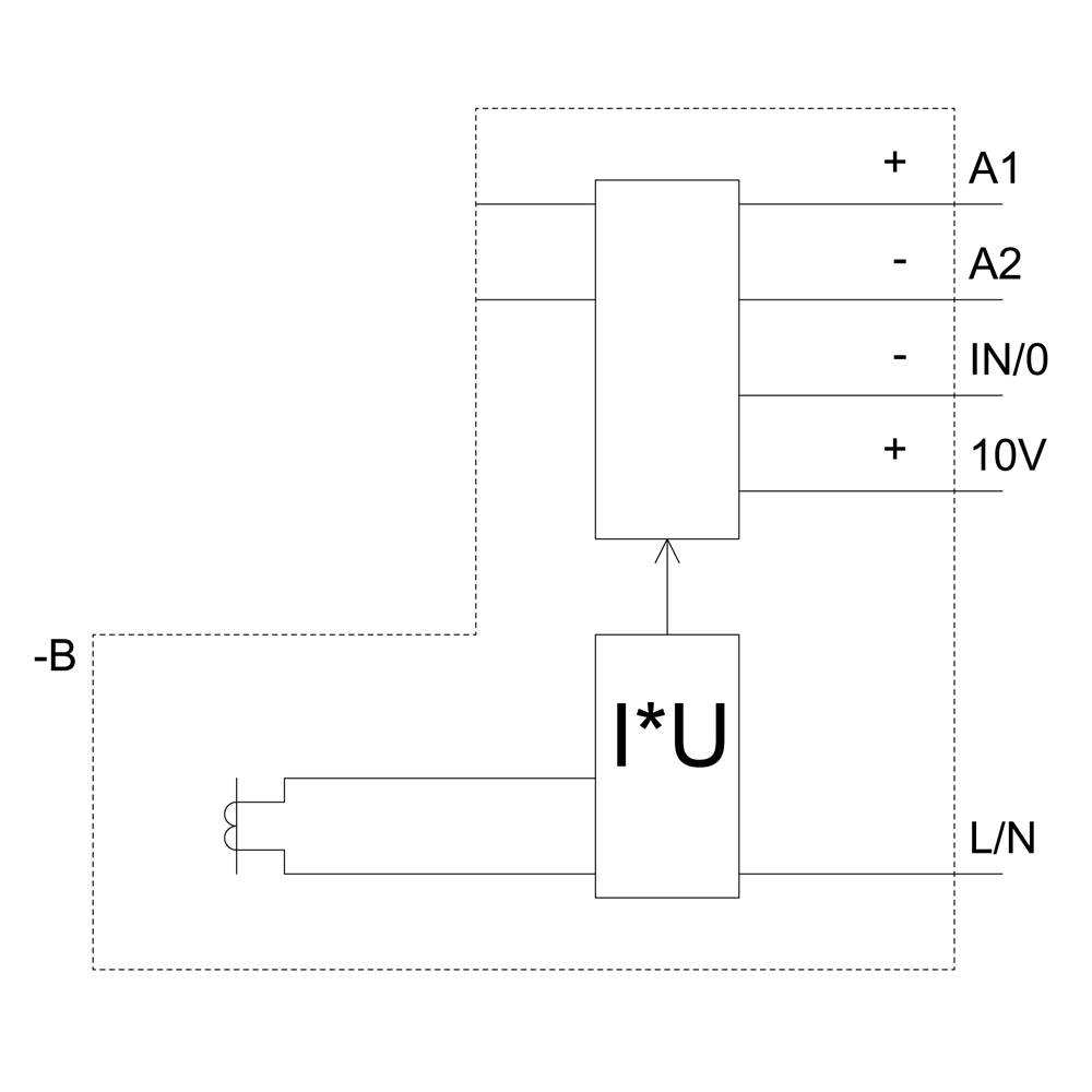 Vývojový diagram zobrazuje elektrický obvod se vstupním napětím, výkonovou jednotkou "I*U" a připojením k A1, A2, IN/0, +10V a L/N.