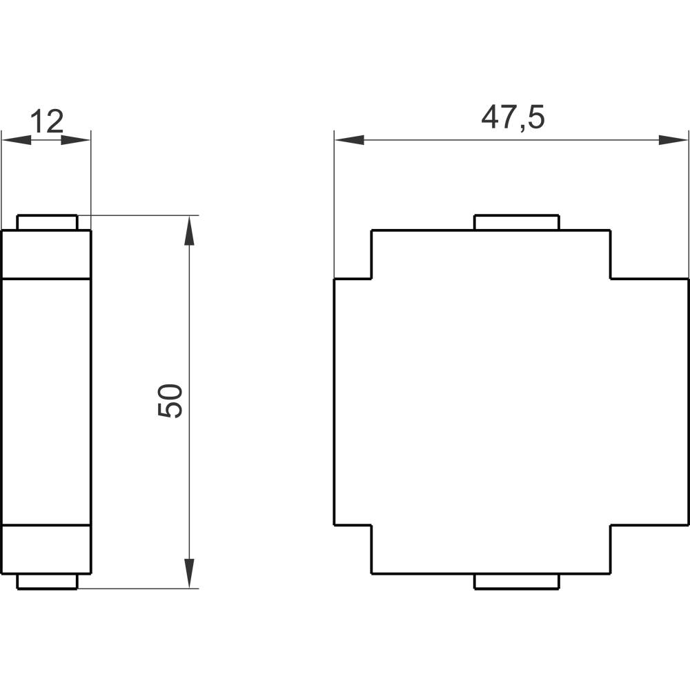 Technický výkres obdélníkového objektu o rozměrech 50 x 47,5 mm a tloušťce 12 mm, zobrazený v pohledu zepředu a z boku.