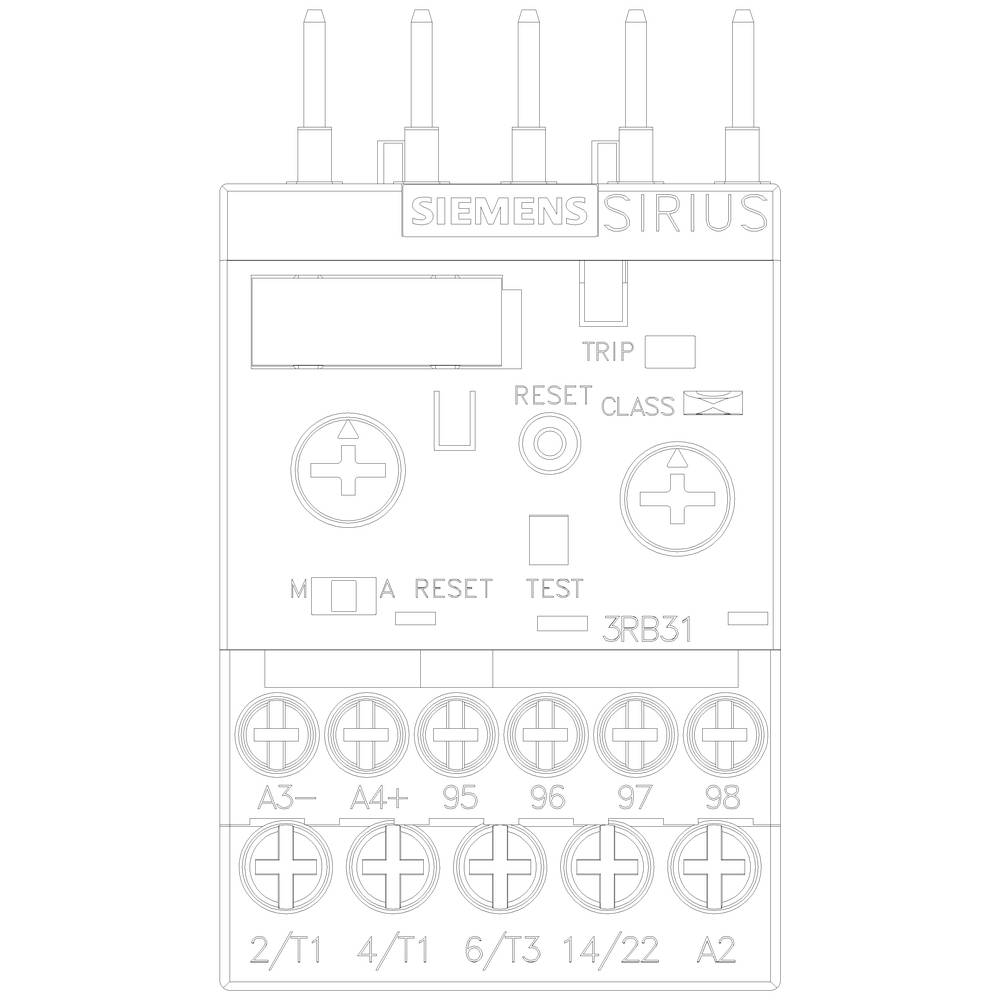 Diagram zařízení Siemens Sirius 3RB31 s připojeními a nastaveními, jako jsou Reset, Test a Trip-Class.
