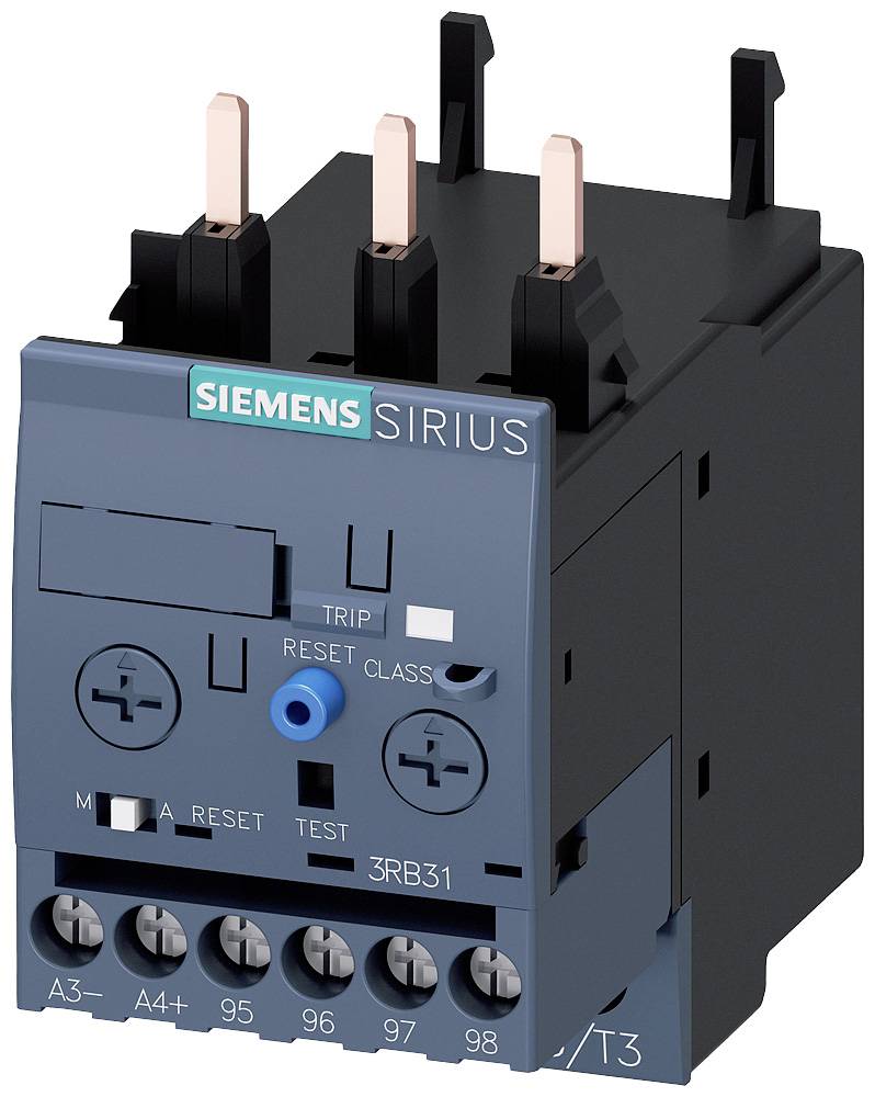 Elektronické stykač od Siemens s modelovým označením 'SIRIUS', zobrazující přípojky a ovládací prvky pro průmyslové řízení.