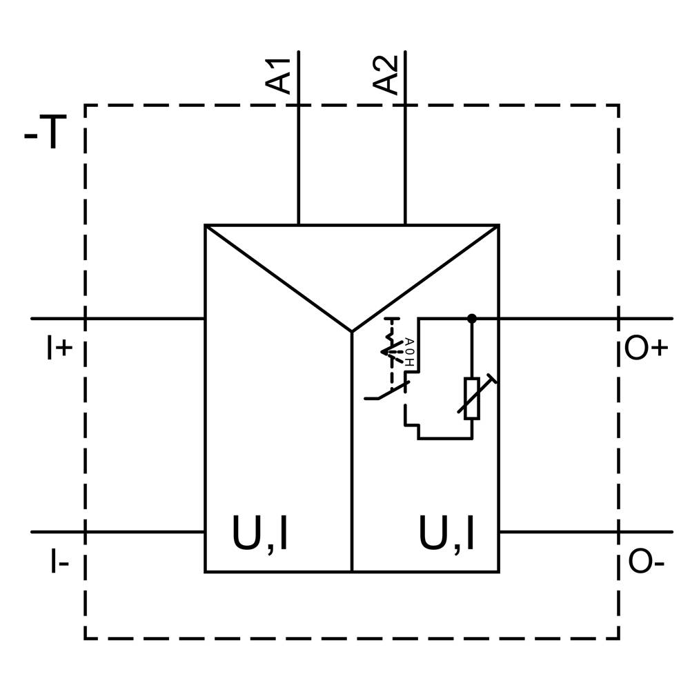 Elektrické schéma zařízení se vstupy A1 a A2 a výstupy T+, I+, I-, O+, O-. Obsahuje symbol rezistoru.