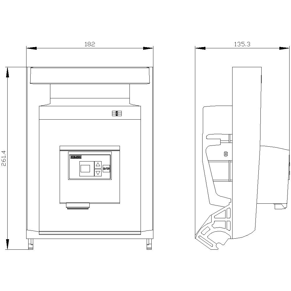 Technický výkres stroje s pohledem zepředu a z boku. Rozměry: výška 261,4 cm, šířka 182 cm, hloubka 135,3 cm. Displej na přední straně.