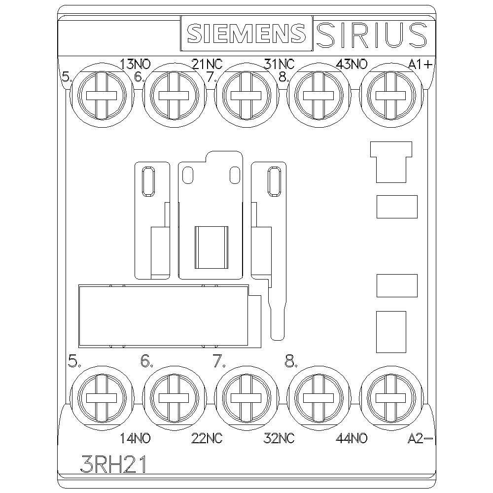 Pohled zepředu na spínací zařízení 'SIEMENS SIRIUS 3RH21' s připojovacími svorkami 13NC až 43NC nahoře a 14NO až 32NC dole.