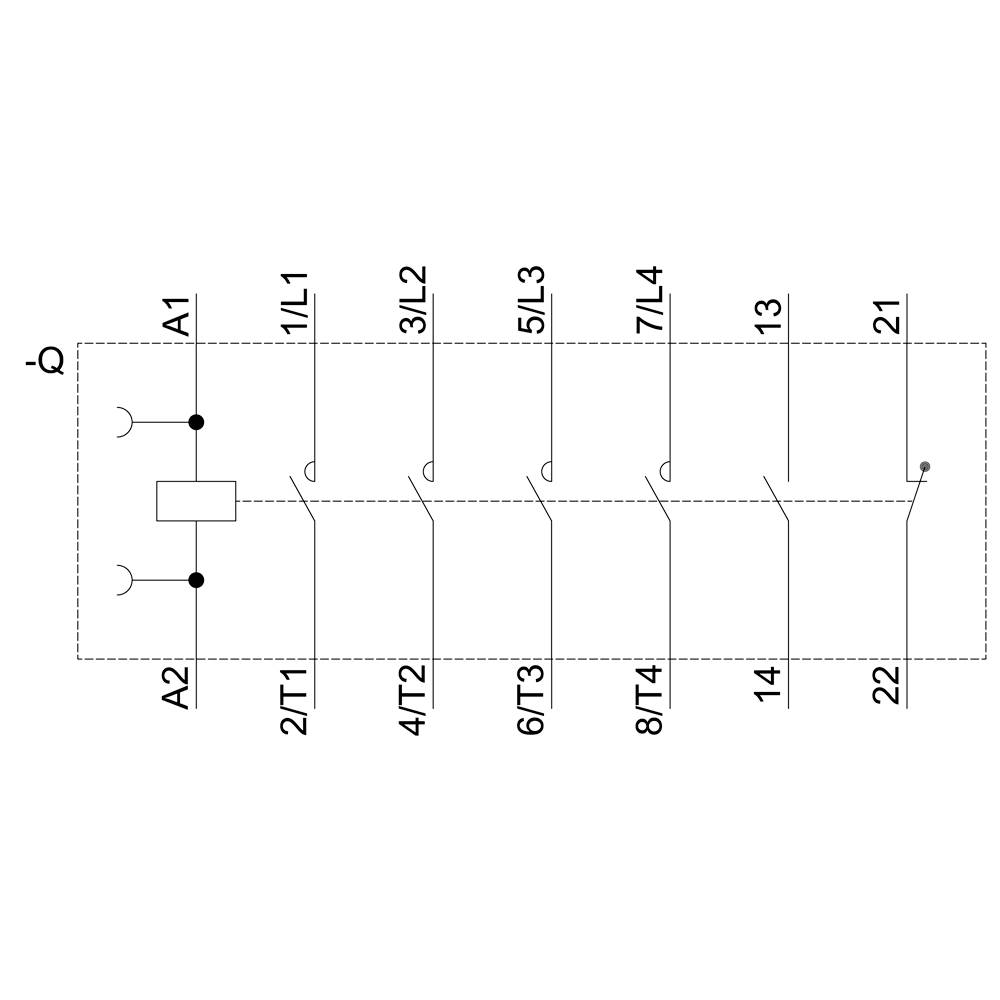 Elektrické schéma symbol: Znázornění stykačového relé se cívkou (A1, A2) a několika spínacími a rozpínacími kontakty (1-22).