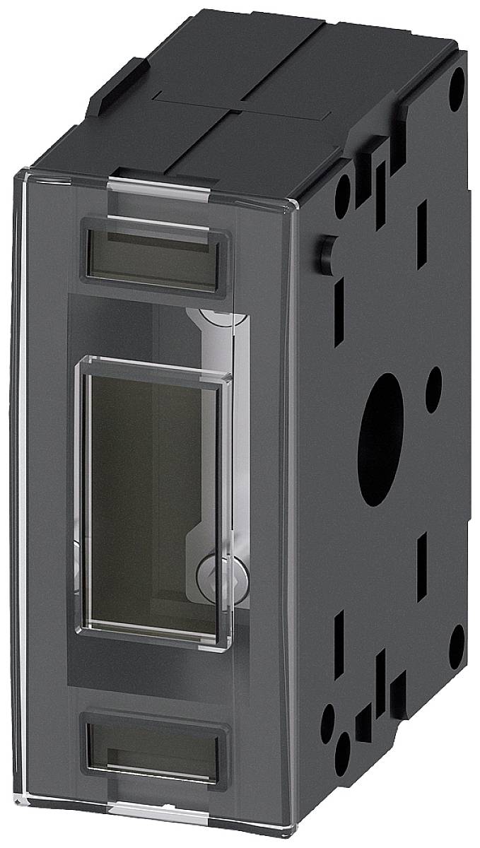 Elektrický spínač v černé barvě s obdélníkovým designem a průhledným krytem, vhodný pro modulární montáž do rozvodných panelů.