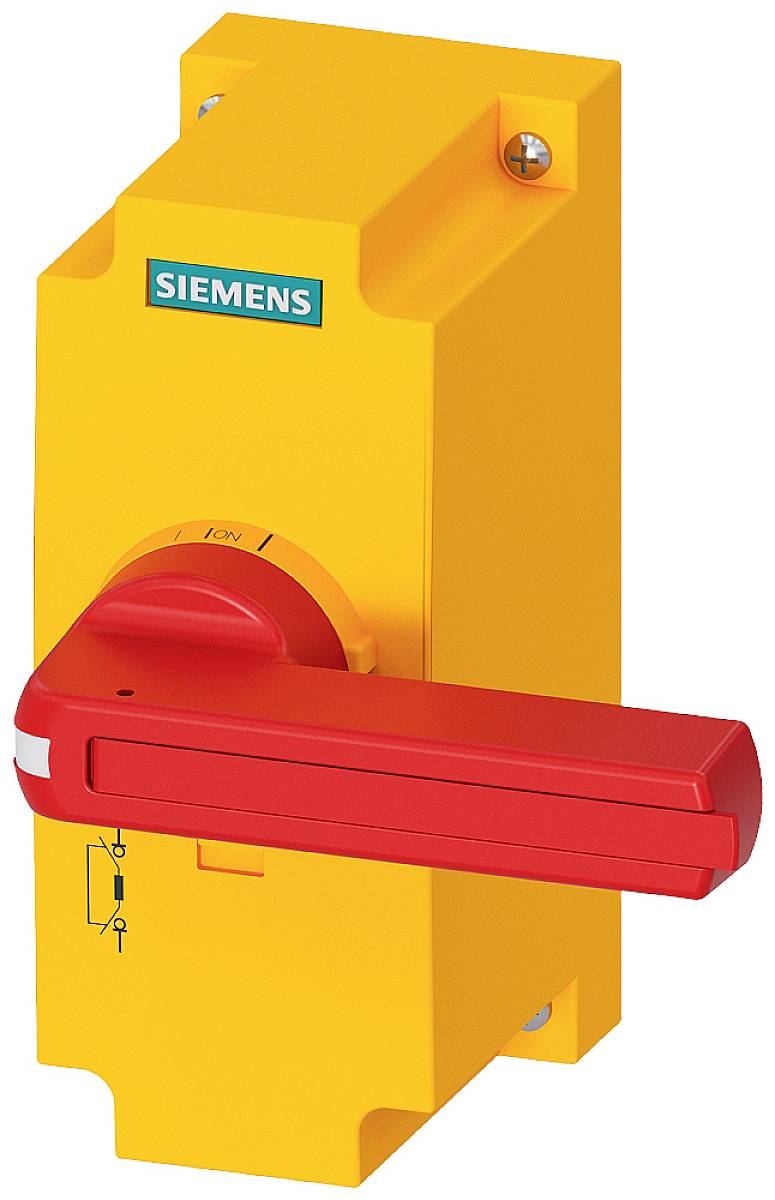 Žluté pouzdro s červenou ovládací pákou, označené nápisem 'Siemens', představuje nouzový vypínací panel, pravděpodobně pro bezpečnostní aplikace.