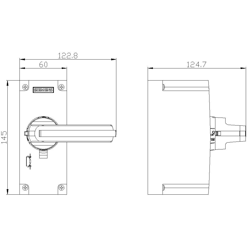 Technický výkres kliky dveří s rozměry: délka 122,8 mm, šířka 60 mm na jedné straně; 124,7 mm na straně druhé, výška 145 mm.