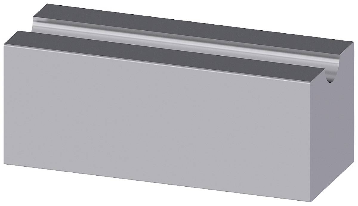 Šedý, obdélníkový kovový blok s úzkou, centrálně umístěnou drážkou na horní straně.