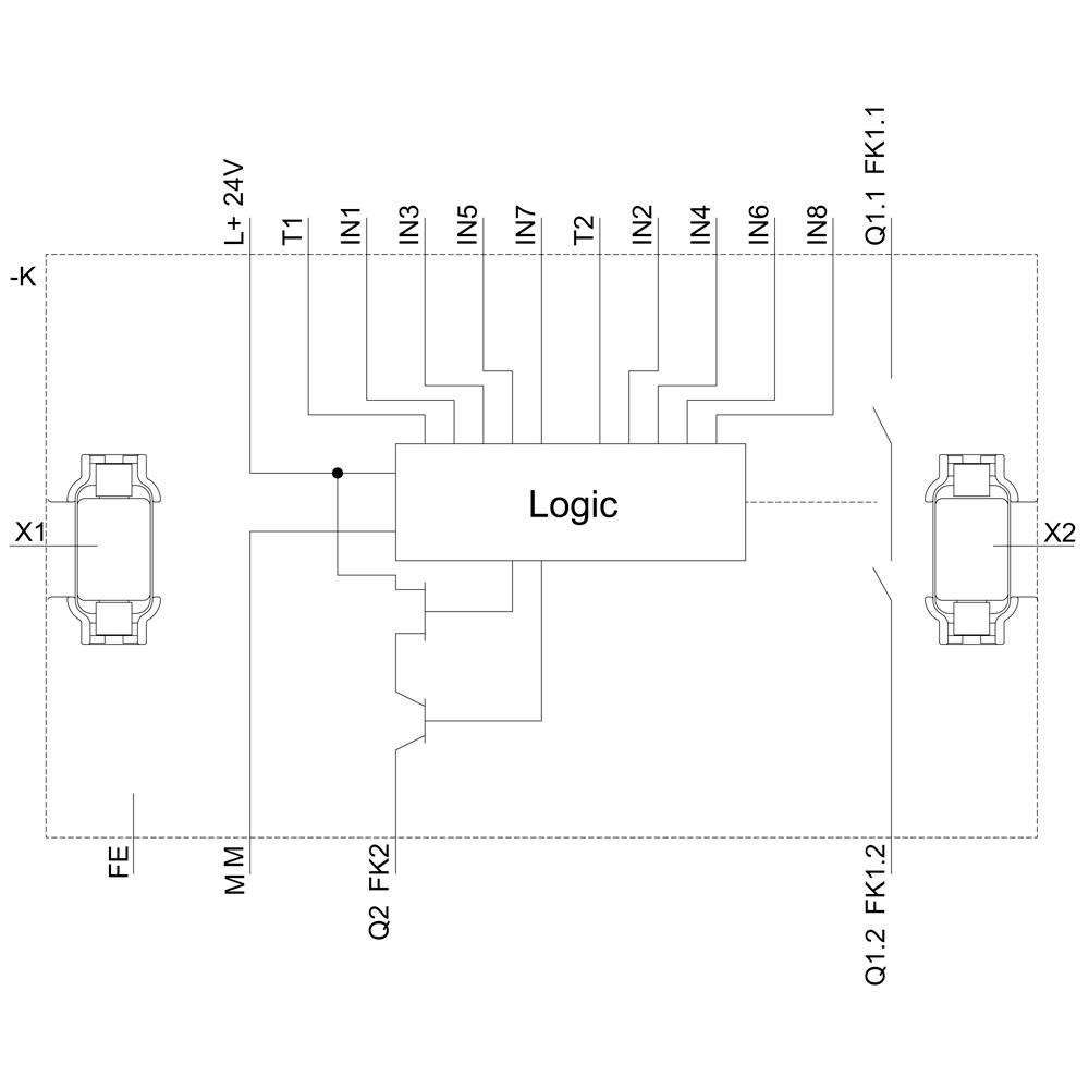 Elektrický schéma zapojení s logickým modulem a konektory X1 a X2. Vstupy IN1 až IN8 a výstupy Q1, Q2 propojené s logikou.