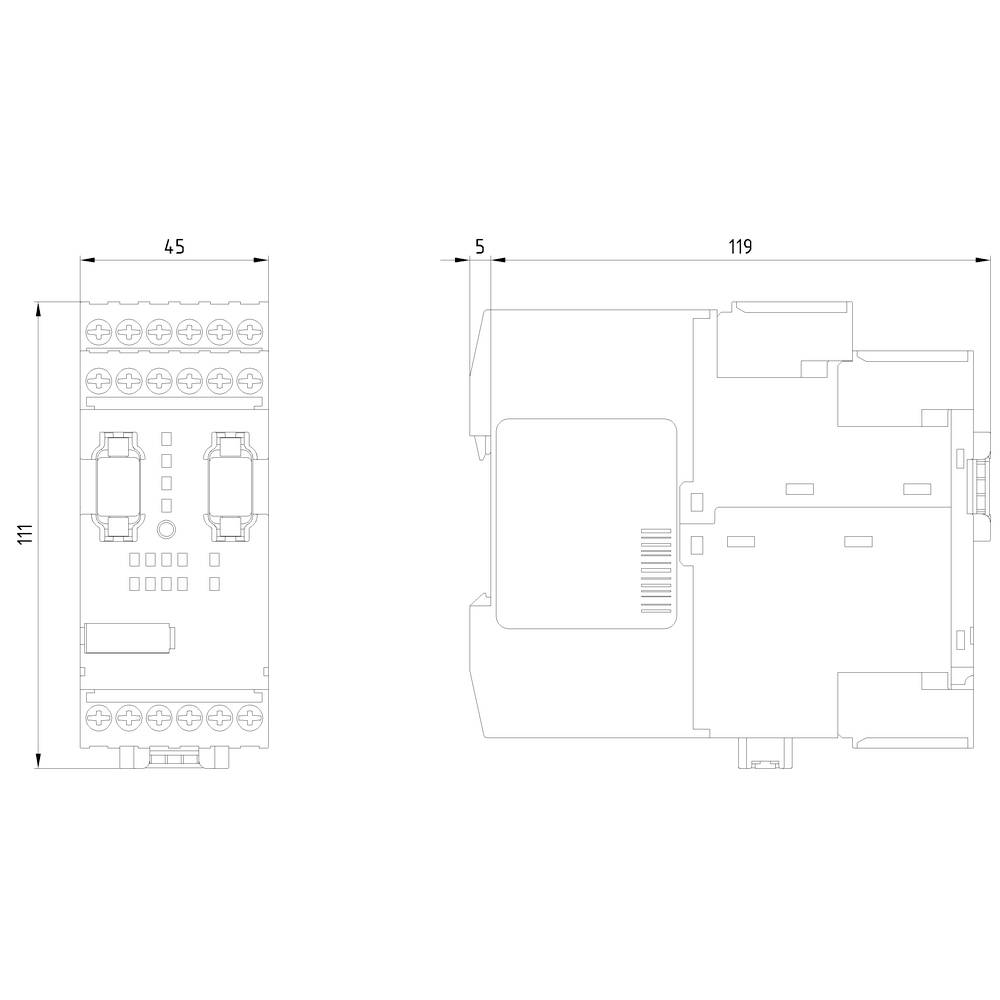 Technický výkres elektronického zařízení s rozměry: 111x45 mm (vlevo) a 119x5 mm (vpravo). Viditelné detaily připojení.