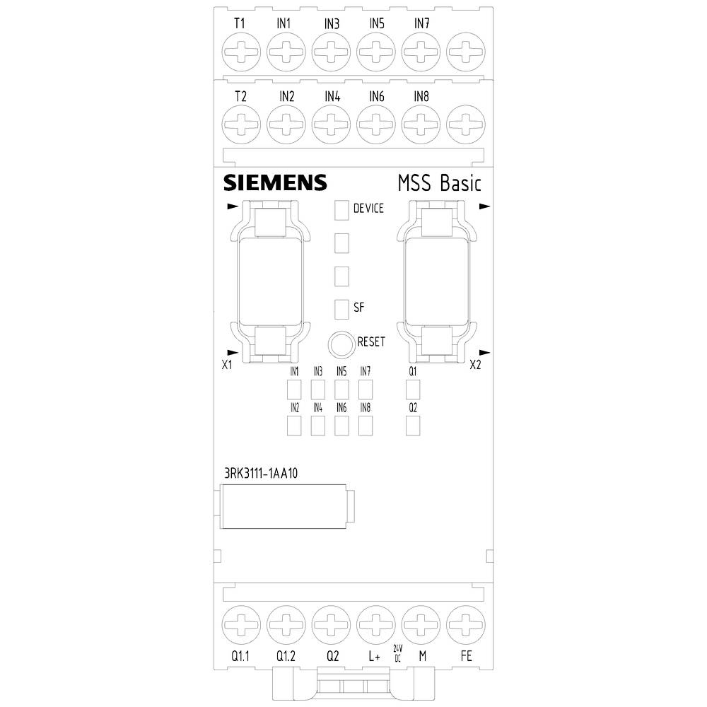 Bezpečnostní modul od Siemensu, model MSS Basic, s několika vstupy a výstupy, LED diodami pro indikaci stavu a resetovacím tlačítkem.