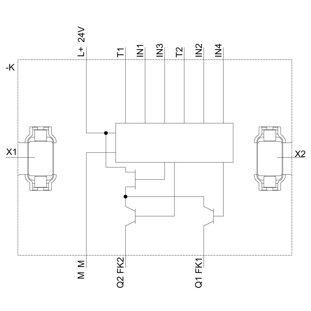 Schéma elektrického řízení se dvěma konektory (X1, X2) a několika vstupy (IN1-IN4) a tranzistory (FK1, FK2).