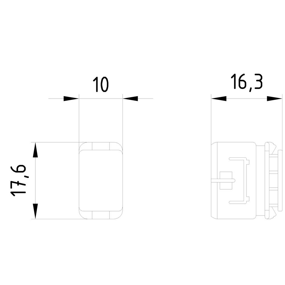 Technický výkres obdélníkové součástky s rozměry 10x17,6 mm pohled zepředu a 16,3 mm z boku.