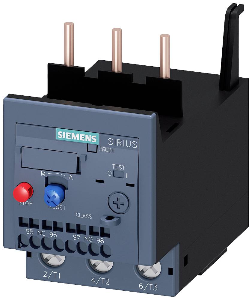 Siemensovo relé Sirius proti přetížení s modrou čelní deskou, červeným tlačítkem 'Stop', modrým tlačítkem 'Reset' a elektrickými přípojkami nahoře.