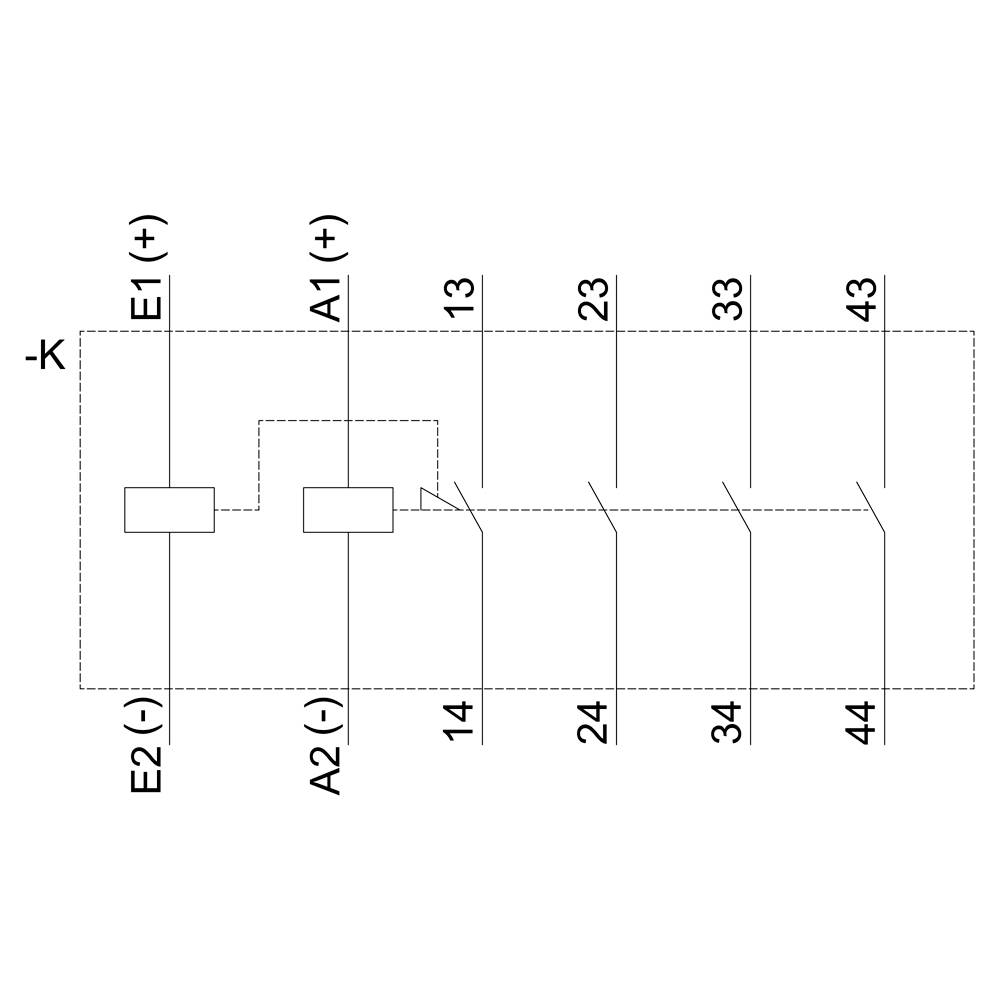Elektrický schéma zapojení se čtyřmi vertikálními linkami, číslovanými 13, 14, 23, 24, 33, 34, 43, 44. Popisky: E1(+), E2(-), A1(+), A2(-).