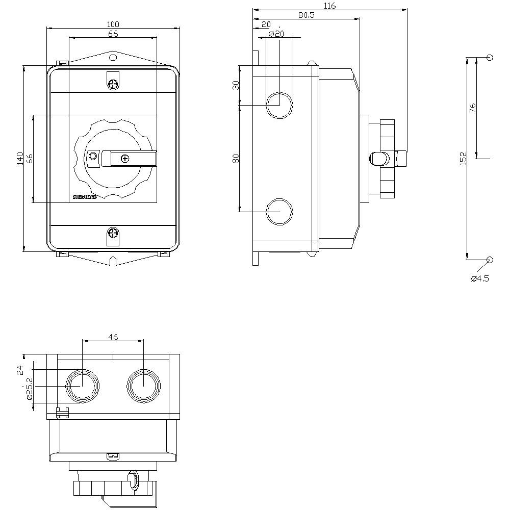 Technický výkres spínače s krytem. Zobrazuje přední, boční a horní pohled s rozměry jako výška 152 mm, šířka 116 mm.