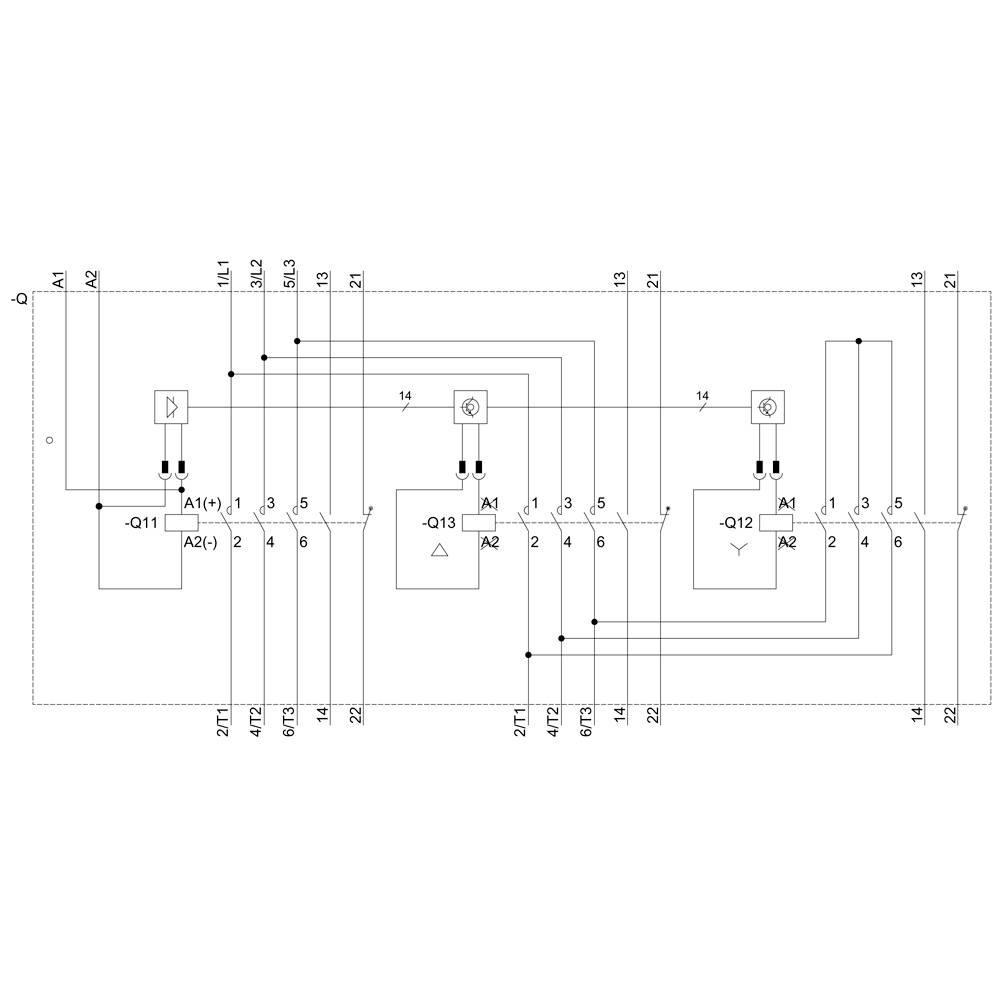 Schéma elektrického systému s komponenty jako jsou spínače, relé a propojení. Hlavní součásti jsou označeny Q11, Q12, Q13.